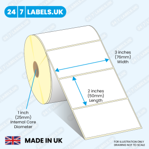 Illlustration of a roll of 3x2 inch direct thermal labels for desktop printers with measurements