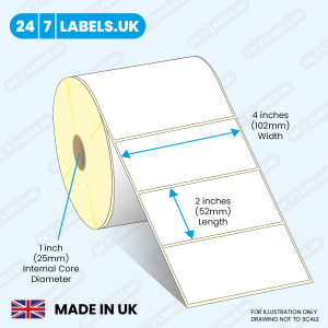 Illlustration of a roll of 4x2 inch direct thermal labels for desktop printers with measurements