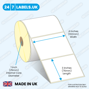 Illlustration of a roll of 4x3 inch direct thermal labels for desktop printers with measurements