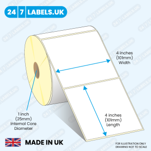 Illlustration of a roll of 4x4 inch direct thermal labels for desktop printers with measurements